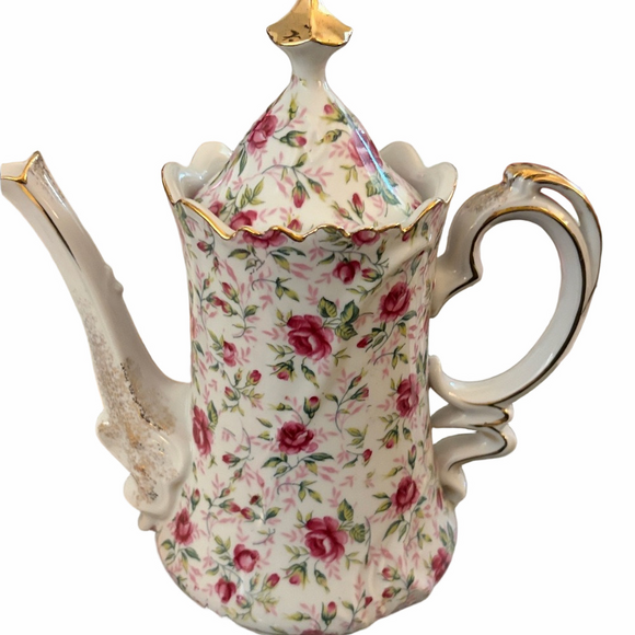 Lefton Rose chintz Bone China Coffee Pot hand painted  original sticker 660R - Picture 4 of 6